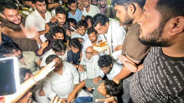 1. Congress state president Ajay Rai with the protesting students at  Mohammad Ali Jauhar University in Rampur on Monday; X 