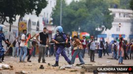 RAF personnel during the protest on July 20. (Express Photo by Gajendra Yadav)