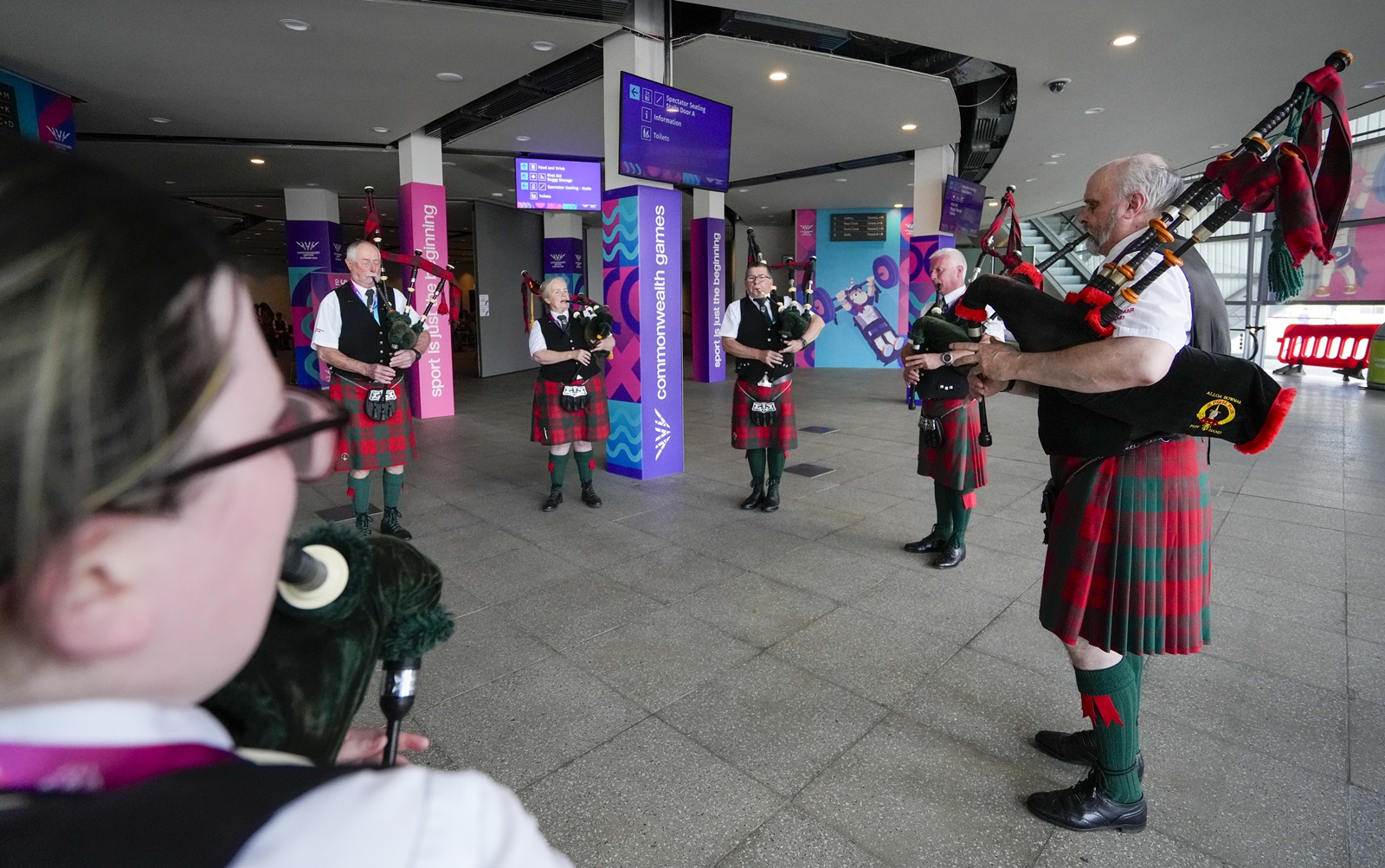 Members of a Scottish bagpipe band amid preparations for the Commonwealth Games 2026, in Glasgow, Scotland. (PTI Photo)