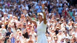 Alexandra Eala of the Philippines celebrates winning the third round women's singles match against Iga Swiatek of Poland at the Wimbledon Tennis Championships in London, Saturday, July 4, 2026.(AP Photo/Maja Smiejkowska)
