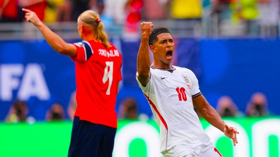 Norway's Erling Haaland protests as England's Jude Bellingham celebrates scoring his side's opening goal in their FIFA World Cup quarter-final football match in Miami. (Photo: AP)