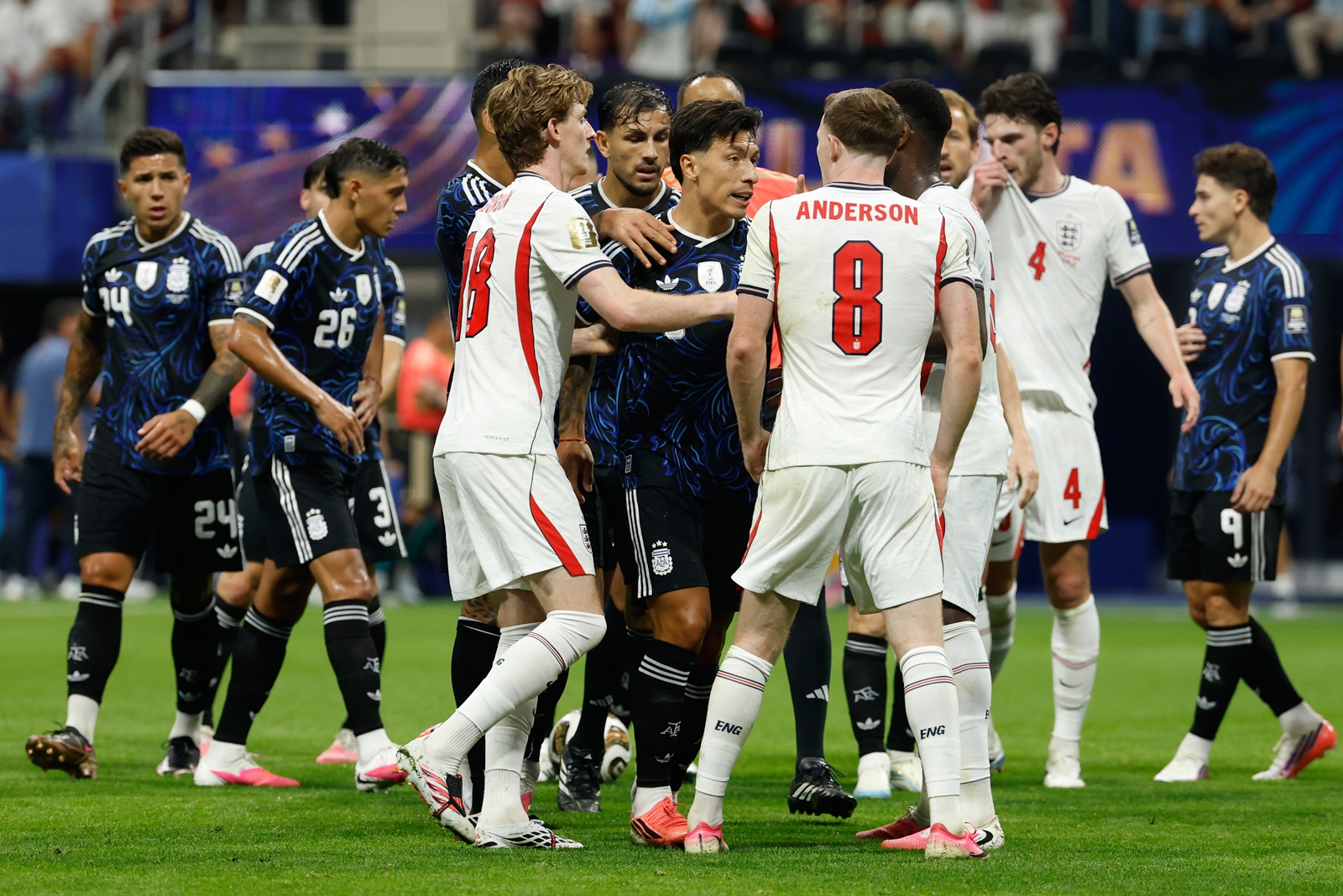 Players argue during the World Cup semifinal soccer match between England and Argentina in Atlanta, Wednesday, July 15, 2026. (AP Photo/Erik S. Lesser)