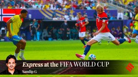 Norway's Erling Haaland (9) shoots and scores their second goal during the World Cup round of 16 soccer match between Brazil and Norway in East Rutherford, N.J., near New York, Sunday, July 5, 2026. (AP Photo)