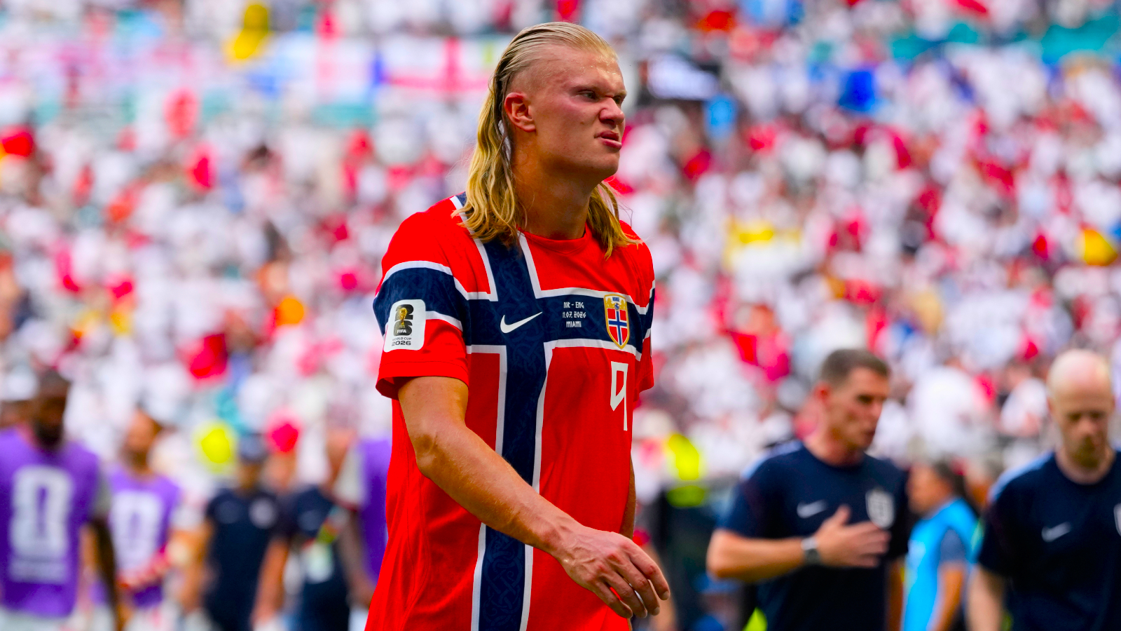Norway's Erling Haaland leaves the pitch at halftime during the World Cup quarterfinal soccer match between Norway and England in Miami Gardens. (AP Photo)