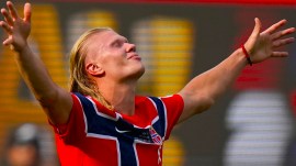Erling Haaland celebrates scoring Norway's second goal during the World Cup round of 16 football match between Brazil and Norway in East Rutherford. (AP Photo)