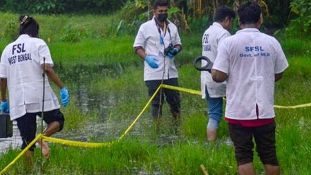 Forensic team collects samples at the site where Prabhas Mondal, an accused in the Baruipur rape-murder case, was killed in an encounter, in South 24 Parganas district. (PTI Photo)