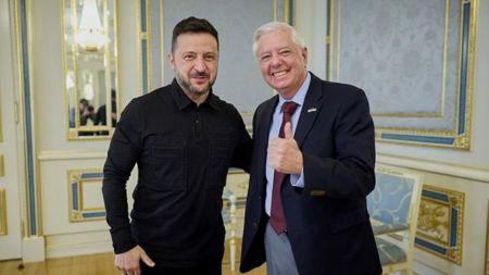 Ukrainian President Volodymyr Zelenskyy, left, and U.S. Sen. Lindsey Graham, R-S.C. in Kyiv, Ukraine, Friday, July 10, 2026. (Ukrainian Presidential Press Office via AP)