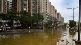 Entrance of Iscon Greens still flooded on Saturday. (Express Photo by Bhupendra Rana)