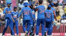 Indian players celebrate after taking the wicket of England's Phil Salt during the T20 international cricket match between England and India in Southampton, England, Saturday July 11, 2026. (AP Photo)