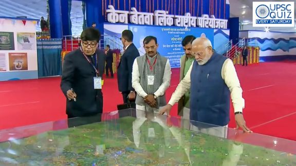 PM Modi with Madhya Pradesh Chief Minister Mohan Yadav during the foundation stone laying ceremony of Ken-Betwa River Linking Project, in Khajuraho, Madhya Pradesh, Wednesday, Dec. 25, 2024. (PTI Photo)