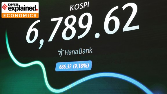 A screen shows the Korea Composite Stock Price Index (KOSPI) at a dealing room of Hana Bank in Seoul, South Korea on July 13.