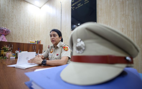 Station House Officer, Inspector Lakshmi Singh, inside her office. (Express Photo by Praveen Khanna)