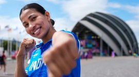 Indian boxer Lovlina Borgohain after a training session in Glasgow ahead of the 2026 Commonwealth Games. (PTI Photo)