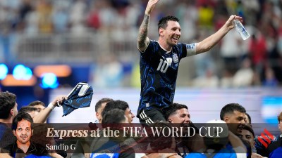 Argentina's Lionel Messi celebrates with his teammates at the end of the World Cup semifinal soccer match between England and Argentina in Atlanta, Wednesday, July 15, 2026. (AP Photo/Rebecca Blackwell)