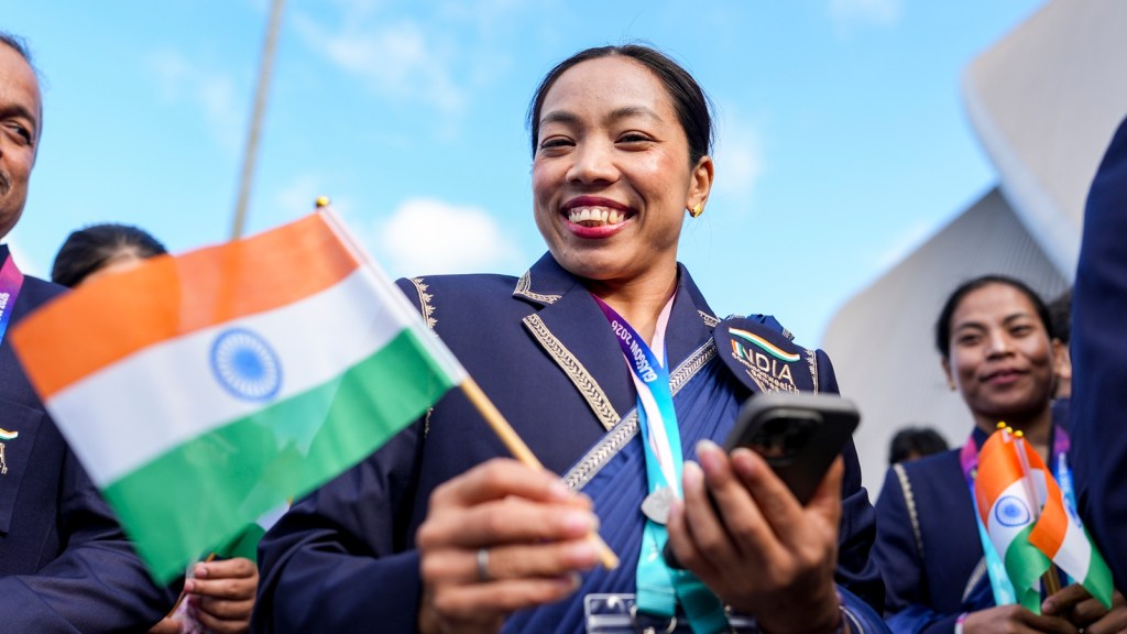 Mirabai Chanu was one of two flag bearers for India in the opening ceremony of the 2026 Commonwealth Games. (PTI Photo)