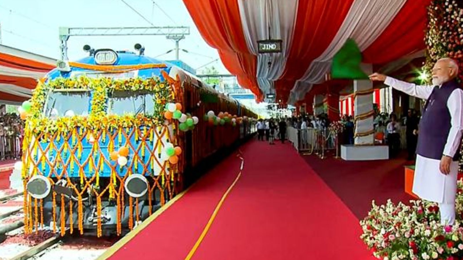 Prime Minister Narendra Modi flags off India's first hydrogen-powered train, between Jind and Sonipat, at Jind Railway Station, Haryana. (@NarendraModi/YT via PTI Photo)