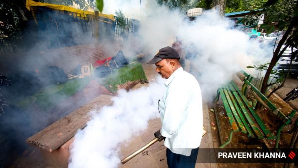 Fumigation to prevent mosquito disease in NDMC area at Madhav Rao Scindia Marg, in New Delhi 