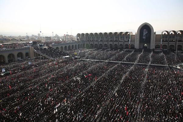 Morners attend a funeral prayer part of the dayslong funeral ceremonies for the slain Iranian Supreme Leader Ayatollah Ali Khamenei and members of his family at the Imam Khomeini Mosalla Grand Mosque in Tehran, Iran, Sunday, July 5, 2026.(Alireza Mohammadi/ISNA via AP)