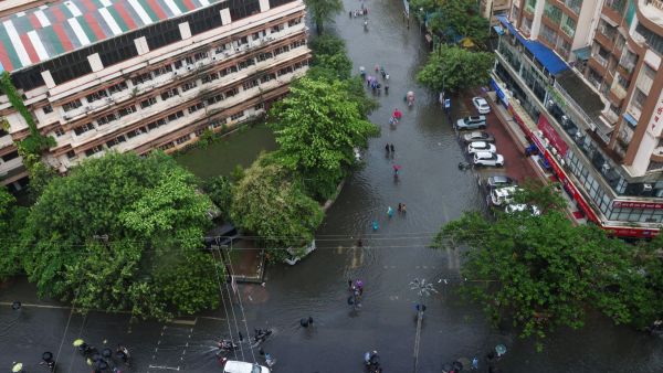A waterlogged stretch on Narangi Bypass Road in Virar West following heavy monsoon rains (Express photos by Akash Patil) BMC Mumbai