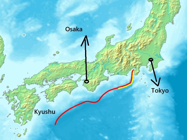 The Nankai trough marked on a topographic map of Japan (Wikimedia Commons)