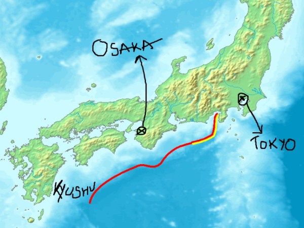 The Nankai trough marked on a topographic map of Japan (Wikimedia Commons)