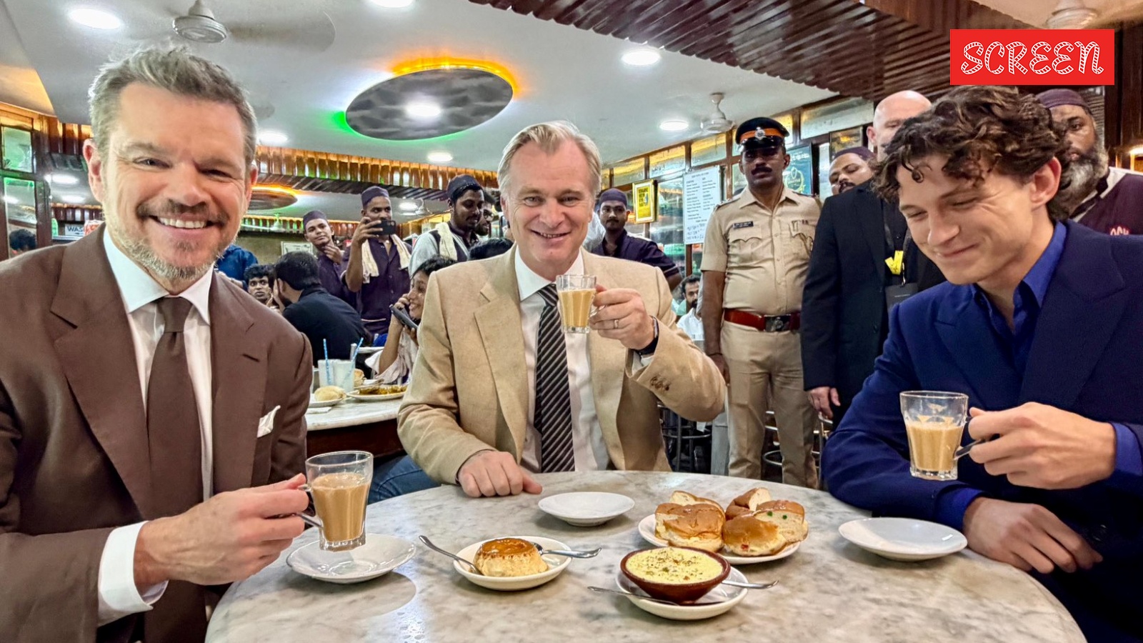 The Odyssey premiere: Nolan, Damon, Holland sip chai; Dimple Kapadia, Shruti Haasan attend