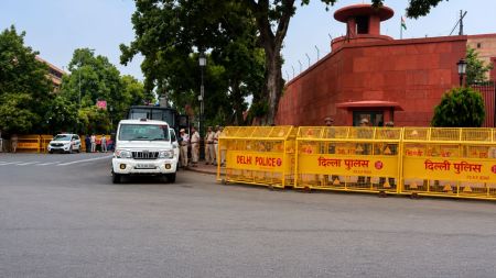Paramilitary and police clustered around Parliament. (Express Photo by Pragynesh; image enhanced using AI)