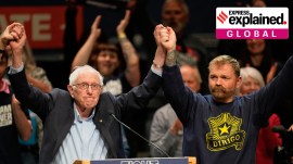 Graham Platner, Democratic candidate for US Senate, and Senator Bernie Sanders at an event in Orono, Maine, May 24.
