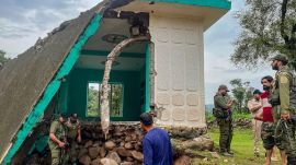 Police officials inspect the damage to a mosque after heavy rains and flash floods, in the Mendhar area of Poonch district, Sunday, July 19, 2026. (PTI Photo)
