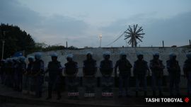 RAF contingents are seen put on guard at Connaught Place in New Delhi on Thursday. Express Photo by Tashi Tobgyal