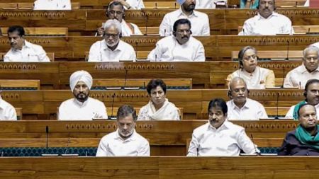Leader of Opposition in the Lok Sabha Rahul Gandhi with Congress MP KC Venugopal, and others, in the House during the Monsoon session of Parliament. (Video grab from Sansad TV)