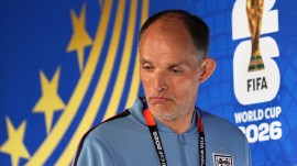 England head coach Thomas Tuchel arrives for a press conference on the eve of England's World Cup semifinal soccer match against Argentina, in Atlanta, Tuesday, July 14, 2026. (AP Photo)