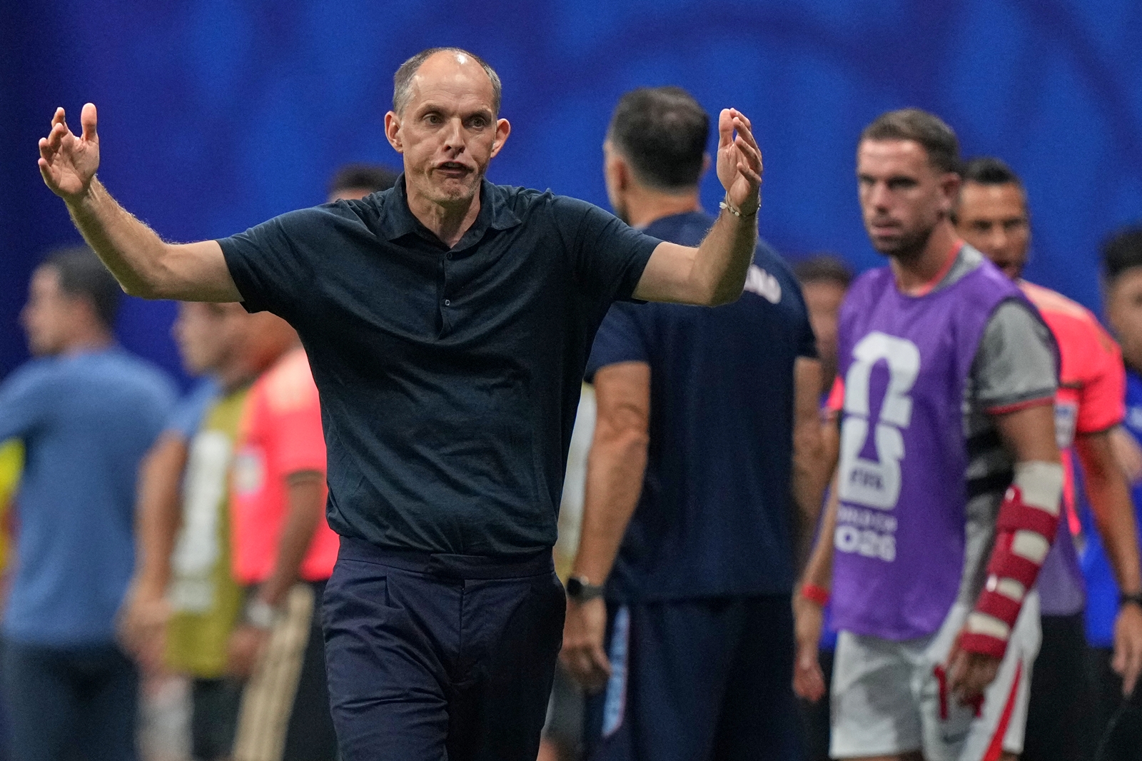 England head coach Thomas Tuchel reacts during the World Cup semifinal soccer match between England and Argentina in Atlanta, Wednesday, July 15, 2026. (AP Photo/Stephanie Scarbrough)