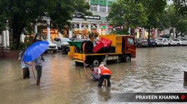 Water logging after heavy rainfall at Connaught Place, in New Delhi on Tuesday. EXPRESS PHOTO BY PRAVEEN KHANN
