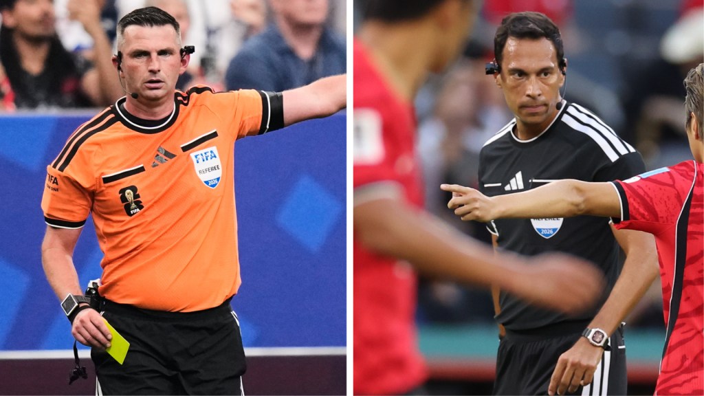 كأس العالم لكرة القدم: لا يمكن للحكم الإنجليزي مايكل أوليفر والأرجنتيني فاكوندو تيلو (على اليمين) إدارة المباريات التي يشارك فيها كل منهما على الرغم من الأجواء المحايدة. (صورة ا ف ب)