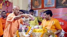 Uttar Pradesh Chief Minister Yogi Adityanath at Gorakhnath Temple, in Gorakhpur, Uttar Pradesh. (PTI Photo)