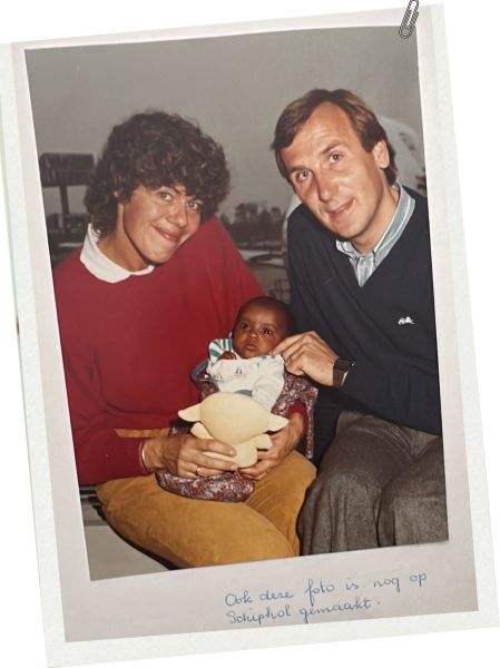 Baby Meena with her parents Joke and Henk Getlink at Schiphol Airport, Amsterdam, in 1983. Credit: Meena Getlink