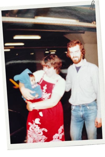  Baby Minal with her parents, Brigitte and Jan, at Schiphol Airport, Amsterdam, in 1982. Credit: Minal Tijssen 