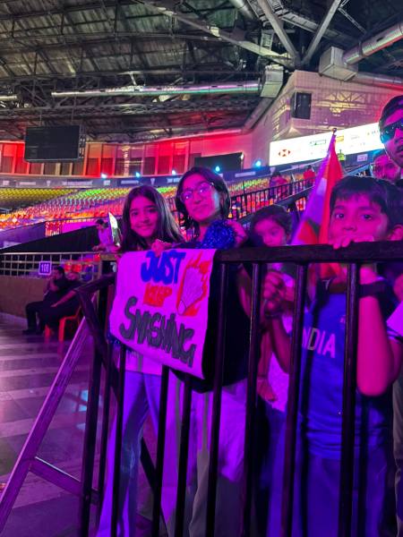 Excited fans at IG Arena for BWF World Championship in New Delhi. (Express photo)