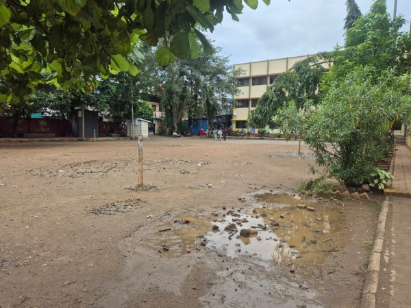 Waterlogged patches dot the school playground (Shubham Kurale)