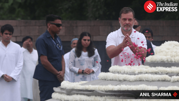 Party chief Mallikarjun Kharge, Rahul Gandhi, Congress Parliamentary Party chairperson Sonia Gandhi and Congress general secretary Priyanka Gandhi Vadra paying floral tributes to Rajiv Gandhi at his memorial