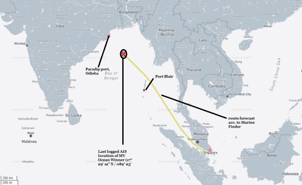 MV Ocean Winner's last recorded AIS location and the proposed route the cargo carrier was on towards Singapore (credit: Marinetraffic.com)