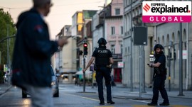 Police officers patrol a street in downtown Aarau, Switzerland following a shooting at a rave. (AP/PTI)