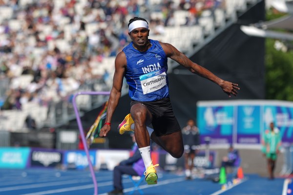 India's Praveen Chithravel competes in the men's triple jump final at the Commonwealth Games in Glasgow, Scotland, Saturday, Aug. 1, 2026. (AP Photo/Alastair Grant)