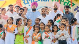 NHRC member Priyank Kanoongo (centre) at Dona Nanka govt primary school in Fazilka on August 15.