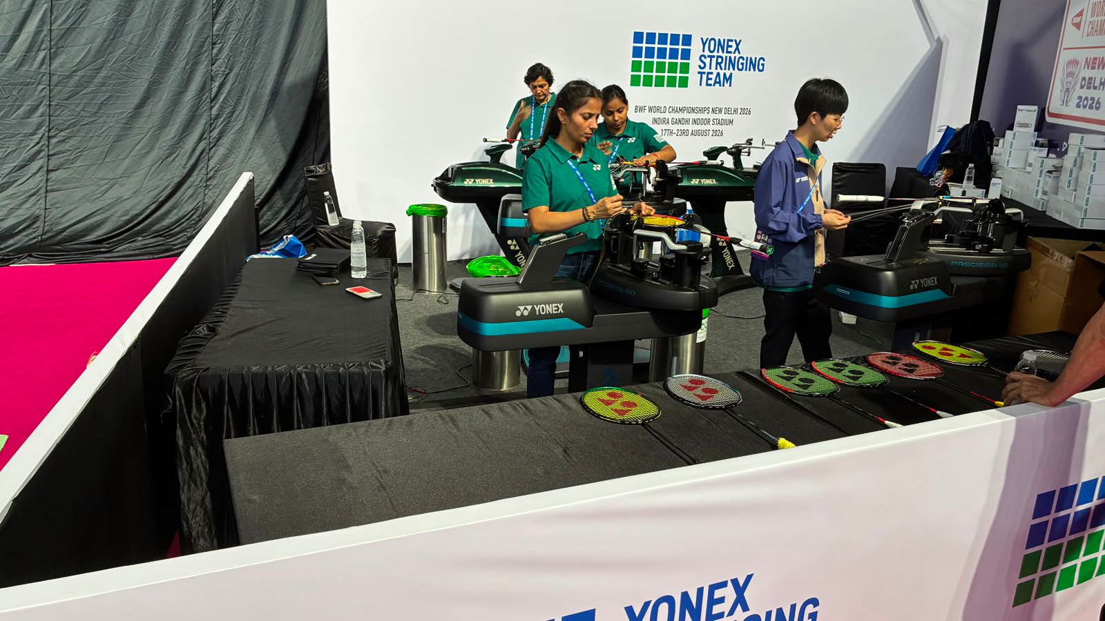 Every major badminton event, the World Championships, Thomas and Uber Cup, Sudirman Cup, Junior Worlds, now has a dedicated stringing station, usually belonging to brands like Yonex, Victor or Li-Ning, where shuttlers get their racquets fixed before and after matches.. (Credit: Yonext)