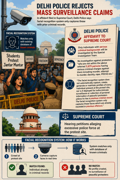 AI generated Illustration with details from a Delhi Police affidavit to the Supreme Court and the court, in which the police deny mass surveillance claims and alleged misuse of facial recognition technology.