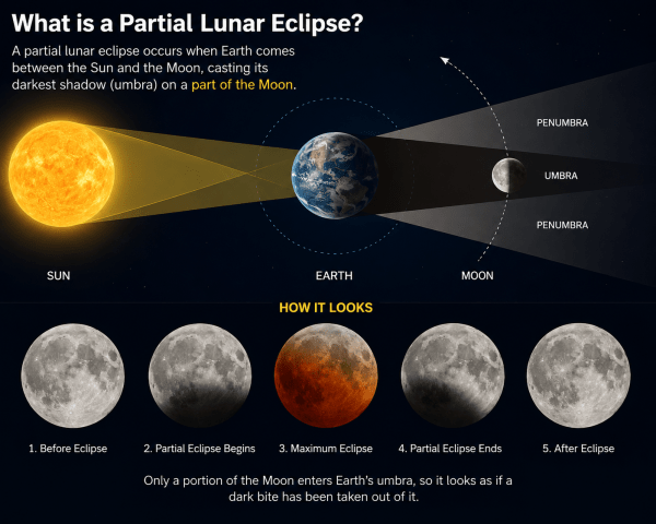 A partial lunar eclipse occurs when Earth comes between the Sun and the Moon, causing only a portion of the Moon to enter Earth’s darkest shadow, known as the umbra. (AI-generated image)