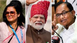 TMC MP (left), PM Narendra Modi (middle) and Congress leader P Chidambaram. (File Photos/PTI/Enhanced using AI)