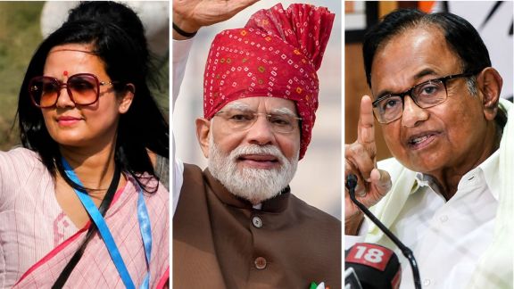 TMC MP (left), PM Narendra Modi (middle) and Congress leader P Chidambaram. (File Photos/PTI/Enhanced using AI)